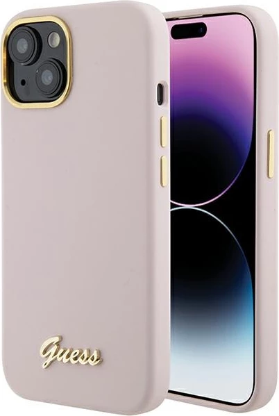 Mbështjellës Guess Silicone Script Metal Logo & Frame për iPhone 15, Rozë