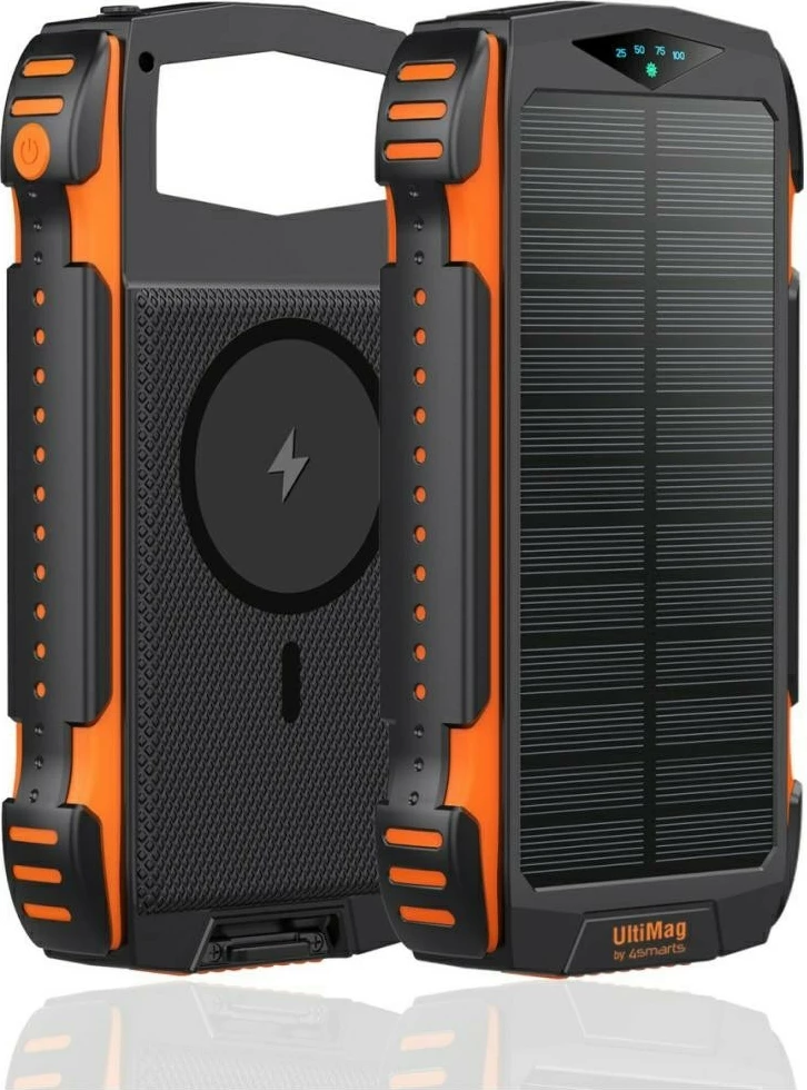 Powerbank solar i qëndrueshëm 4smarts TitanPack Rugged UltiMag 20000mAh, Qi 15W, PD/QC 3.0, MagSafe magnetik, porte USB-C/USB-A/Lightning/Micro-USB, zi/portokalli