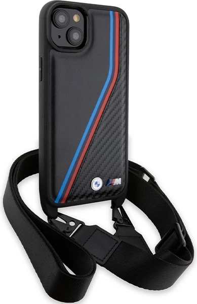 Mbështjellës BMW M Edition Carbon Tricolor Lines & Strap për iPhone 15 Plus / 14 Plus, i zi