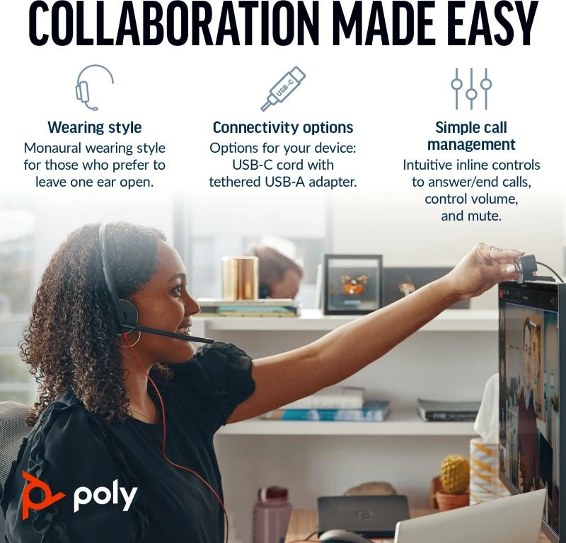 Kufje me mikrofon HP Poly Blackwire 3210 (8X214AA), mono, me kabllo, të zeza