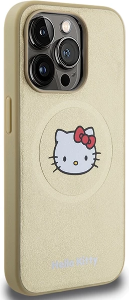 Mbështjellës Hello Kitty Leather Kitty Head MagSafe për iPhone 15 Pro, lëkurë artificiale, ari