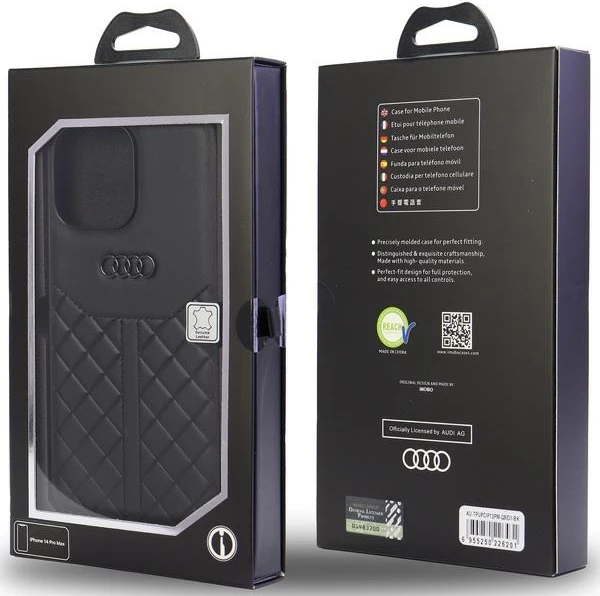 Mbështjellës Audi Genuine Leather për iPhone 13 Pro Max 6.7", lëkurë natyrale, i zi