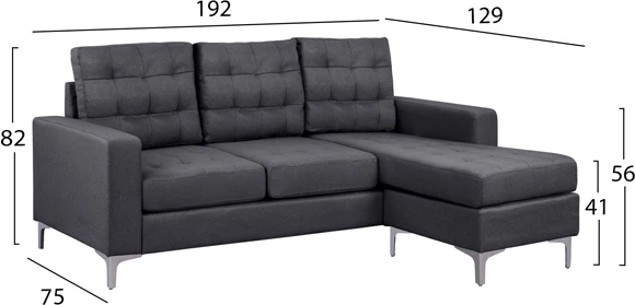 Divan këndi i kthyeshëm Santino, 192x129x82cm, hiri