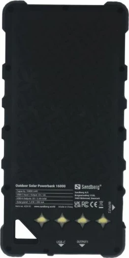 Powerbank solar outdoor Sandberg 420-35, 16000 mAh, IP67, PD 20W, i zi, set me 2 kabllo + karabinë