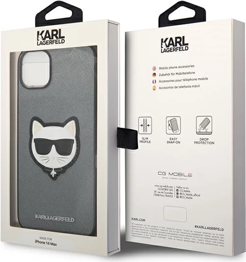 Mbështjellës Karl Lagerfeld KLHCP14MSAPCHG për iPhone 14 Plus 6.7", Saffiano Choupette Head Patch, argjendtë
