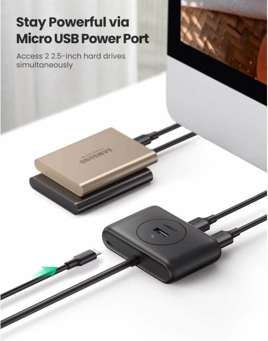 USB hub UGREEN 20291, 4 porte USB 3.0, kabllo 1 m, e zezë, në kuti