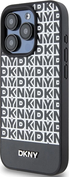 Mbështjellës DKNY Leather Printed Pattern Metal Logo MagSafe për iPhone 15 Pro Max, Zi