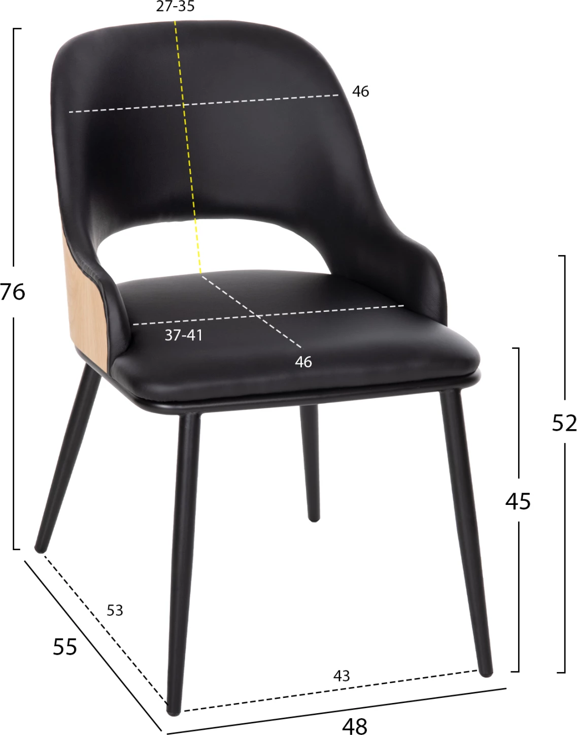 Karrige ngrënieje DELF FH9617.01 PU e zezë-këmbë metali të zeza-shpinë druri natyrale 48x55x76H cm., set prej 2 copë