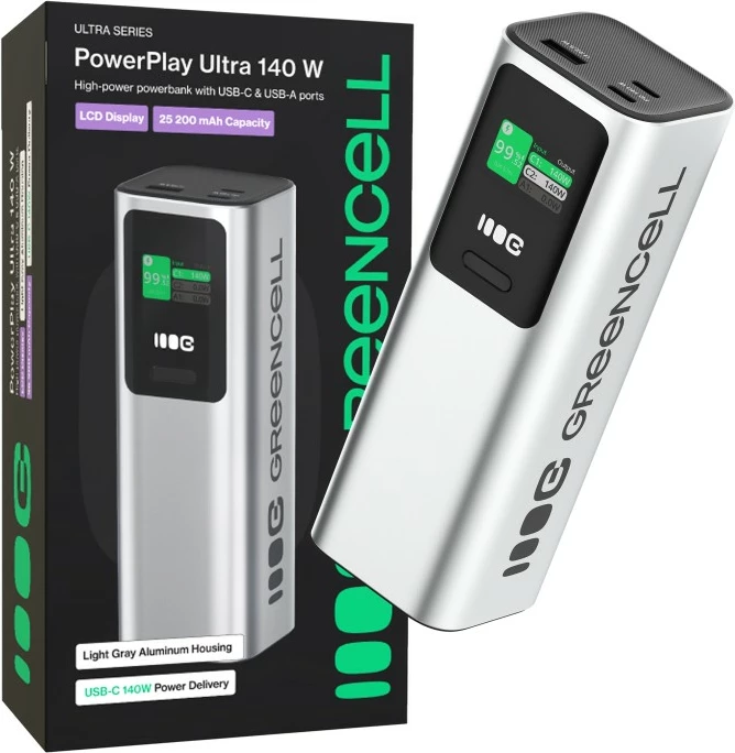 Powerbank, Green Cell, PowerPlay Ultra PBGC25UD, 25200mAh 140W PD, USB-C/USB-A, ekran LCD, argjendtë/zezë, me futrollë dhe kabllo C-C 140W