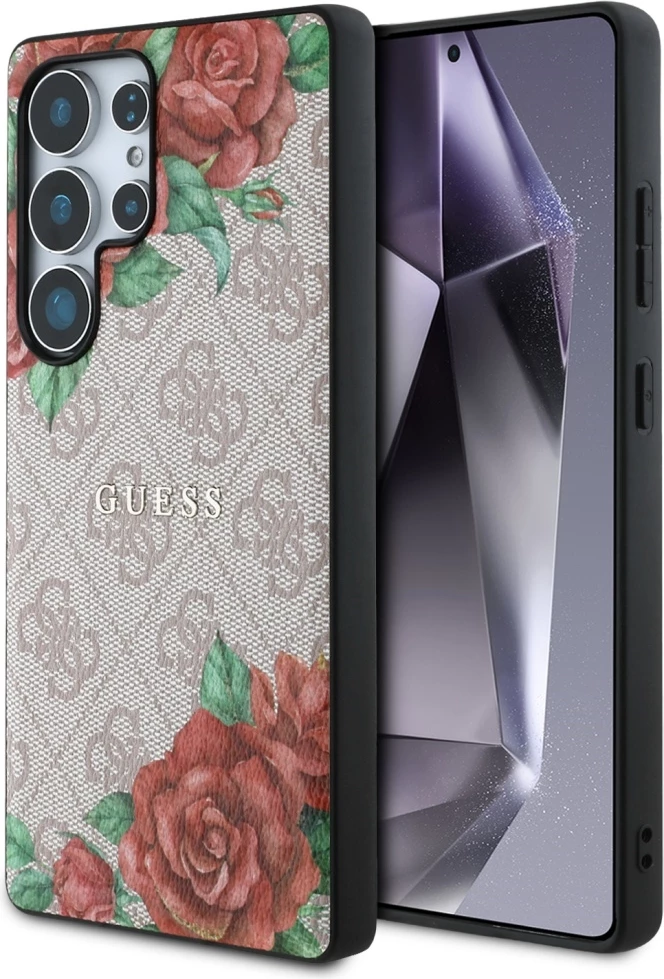 Mbështjellës Guess Leather 4G Flowers Print Metal Classic Logo MagSafe për Samsung Galaxy S25 Ultra, Rozë