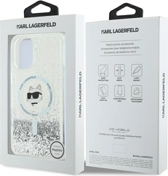 Mbështjellës Karl Lagerfeld Liquid Glitter Choupette Head MagSafe për iPhone 16, Transparent