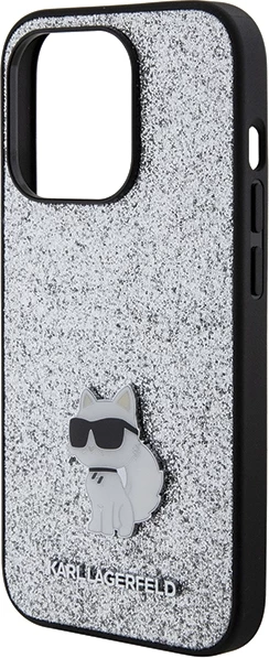 Mbështjellës Karl Lagerfeld Glitter Choupette Logo Metal për iPhone 15 Pro Max, Argjend