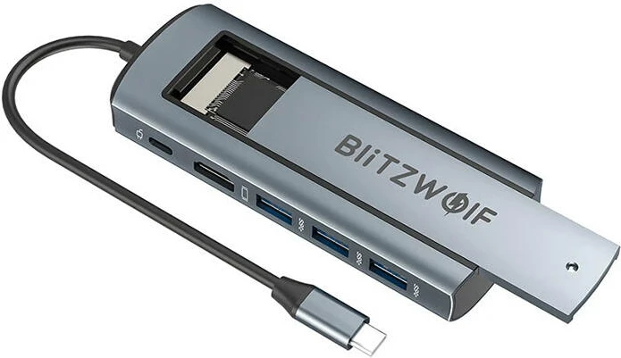 Adapter HUB 6-në-1 BlitzWolf BW-Neo TH13, USB 3.0, USB-C PD 100W, SSD Slot, Argjend
