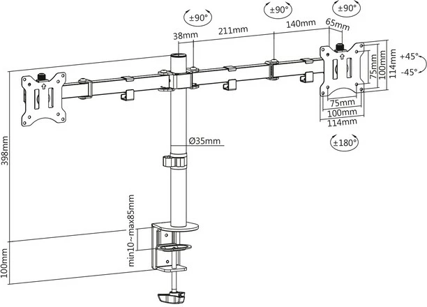Mbajtëse tavoline për dy monitorë Digitus DA-90400, çelik, për monitorë 15-32", e zezë mat
