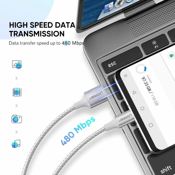 Kabl USB 2.0 USB-A në USB-C UGREEN 60133 2m, polybag, i bardhë