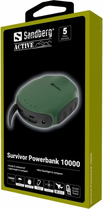 Powerbank Sandberg Survivor 420-60 10000 mAh (37 Wh) IPX6 me dritë LED dhe busullë, e gjelbër/zezë, me kabllo microUSB 30 cm + karabinë
