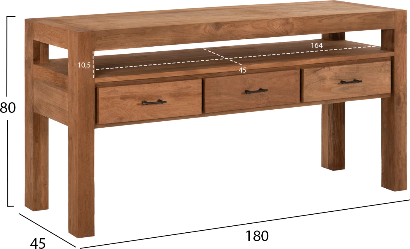 Konsolë me 3 sirtarë, dru TEAK i ricikluar, ngjyrë natyrale, 180x45x80H cm
