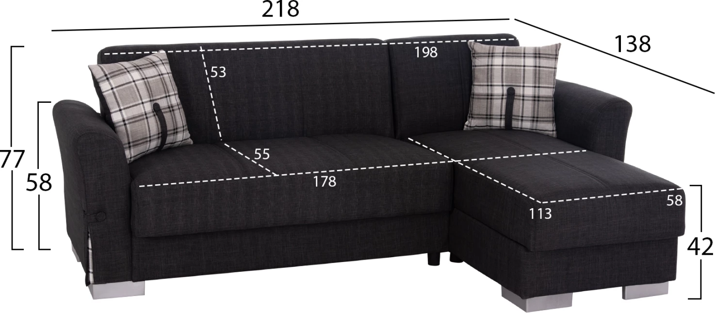 Kënd divan me shtrat dhe hapësirë për depo, ngjyrë antracit, BRONKO FH3291.01, 218x138x77cm