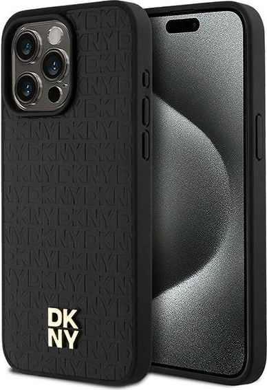 Mbështjellës DKNY Leather Monogram Pattern Metal Logo MagSafe për iPhone 15 Pro Max, i zi