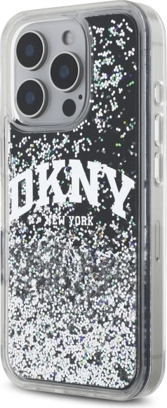 Mbështjellës DKNY DKHCP16LLBNAEK për iPhone 16 Pro 6.3", hardcase, Liquid Glitter Arch Logo, zi
