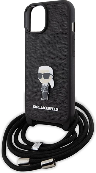 Mbështjellës Karl Lagerfeld Crossbody Saffiano Monogram Metal Pin Karl & Choupette për iPhone 15, i zi
