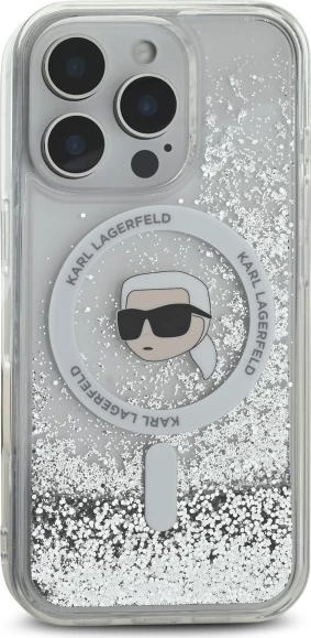 Mbështjellës Karl Lagerfeld Liquid Glitter Karl Head MagSafe për iPhone 16 Pro, Transparent