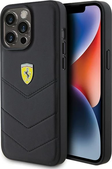 Mbështjellës Ferrari Quilted Metal Logo për iPhone 15 Pro Max, e zezë