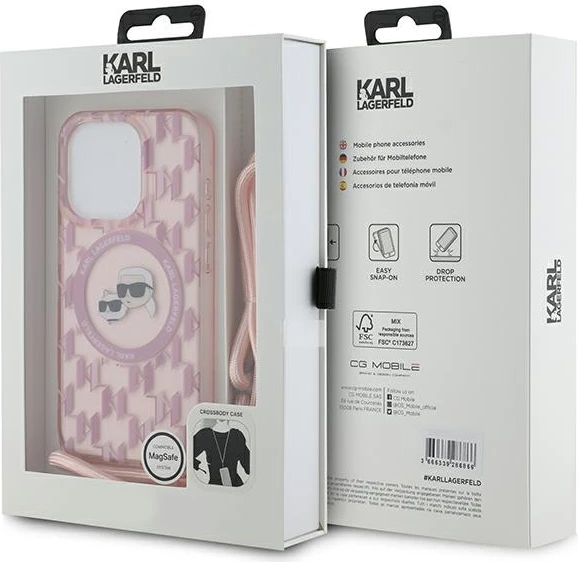 Mbështjellës Karl Lagerfeld IML Crossbody Monogram Karl & Choupette Head MagSafe për iPhone 15 Pro Max, Rozë