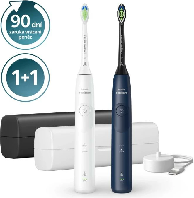 Furçë dhëmbësh elektrike Philips Sonicare 5500 HX7119/01, Duopack 2 copë, me sensor presioni, blu navy dhe e bardhë