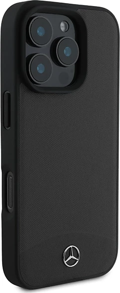 Mbështjellës Mercedes për iPhone 16 Pro Max, lëkurë teksturë dhe e lëmuar, MagSafe, zi