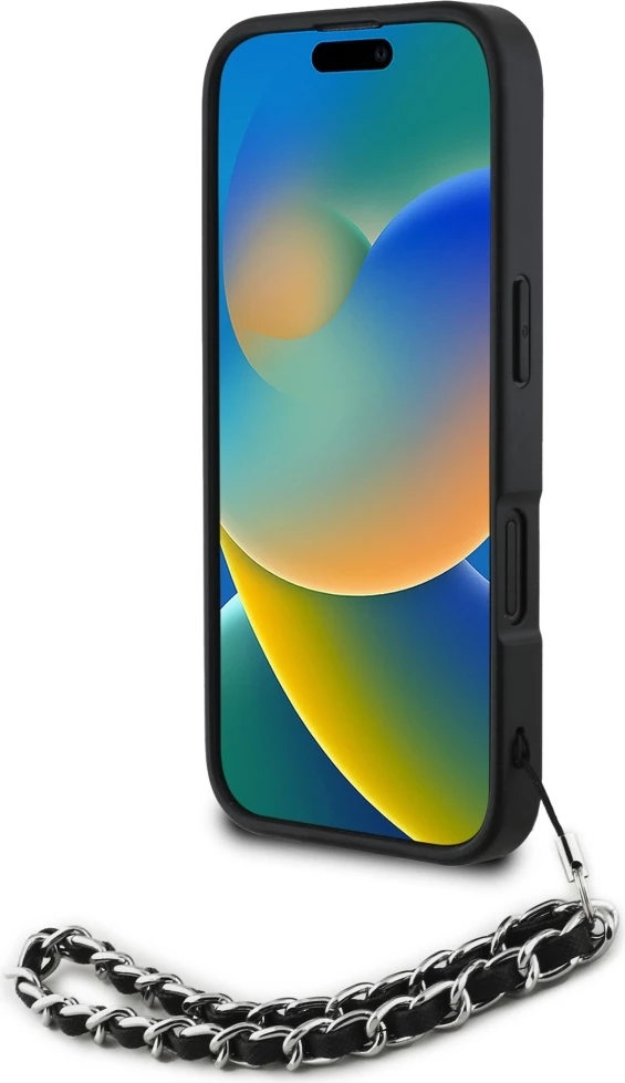 Mbështjellës Karl Lagerfeld Saffiano Crystals me zinxhir për iPhone 16, i zi