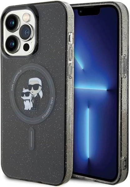 Mbështjellës Karl Lagerfeld Karl&Choupette Glitter MagSafe për iPhone 15 Pro Max, zi