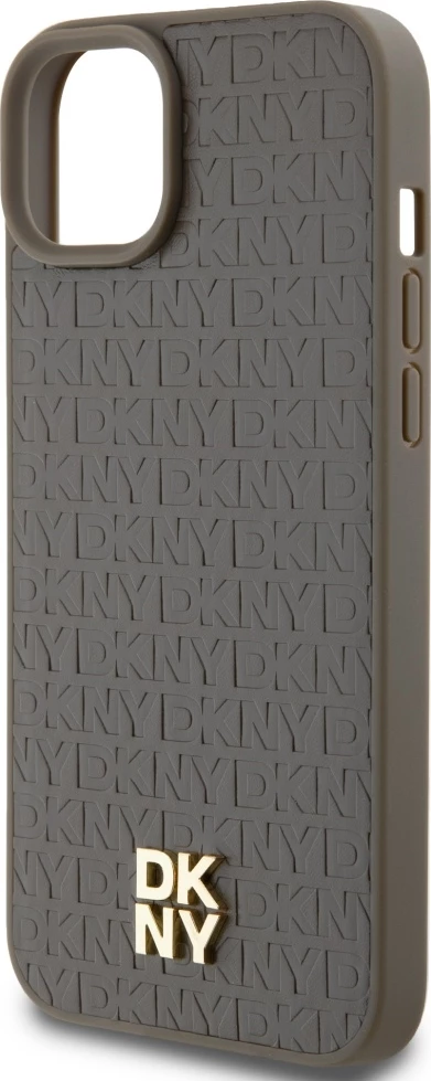 Mbështjellës DKNY Leather Pattern Metal Logo MagSafe për iPhone 15 Plus / 14 Plus, Kafe