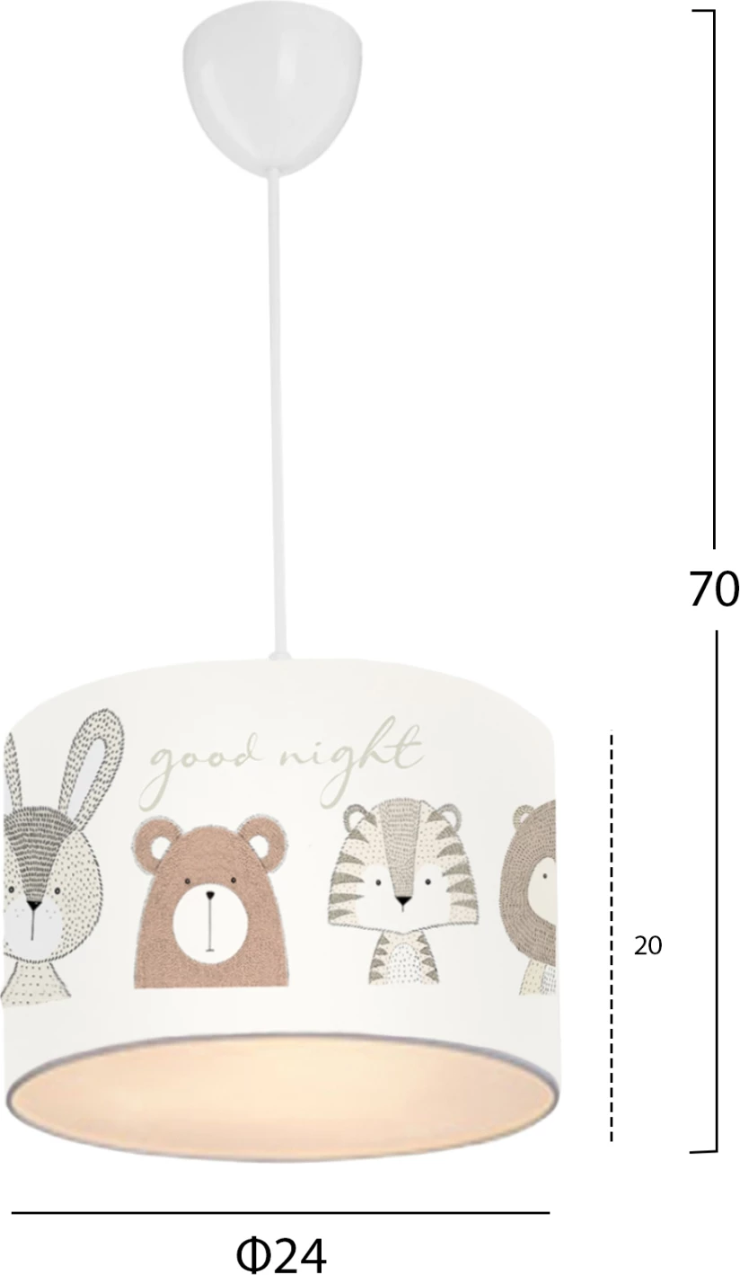 Llambë tavani për dhomën e fëmijëve, FB97576.01, kapak cilindrik, pëlhurë e bardhë me figura kafshësh të lezetshme, Φ24x70cm