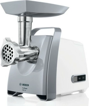Grirëse mishi, Bosch MFW66020, 600 W, deri 3 kg/min, sita 3/4.5/6 mm, funksion reverse, gri/bardhë, me aksesorë kebbe dhe mbushje sallami