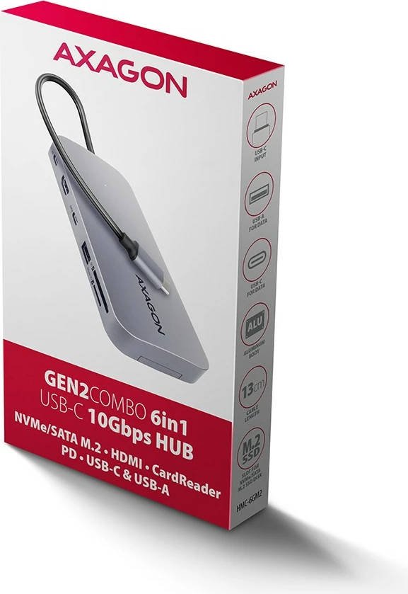 Multiport hub AXAGON HMC-6GM2, 6-në-1, USB-C 10Gbps, HDMI 4K/60Hz, M.2 NVMe/SATA, SD/microSD, PD 100W, Gri