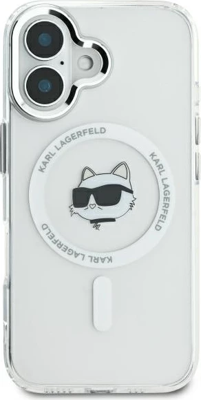 Mbështjellës Karl Lagerfeld IML Metal Choupette Head MagSafe për iPhone 16 Plus, Bardhë