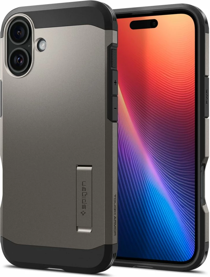 Mbështjellës Spigen Tough Armor Mag për iPhone 16, MagSafe, qëndrim i integruar, rezistencë MIL-STD, gunmetal