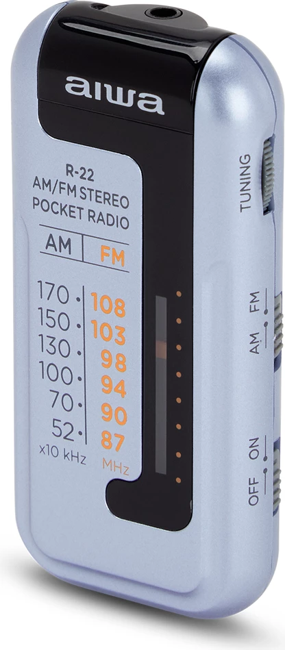 Radio portative AM/FM Aiwa R-22, HyperBASS, 3.5mm, me Kufje dhe bateri, blu e çelët