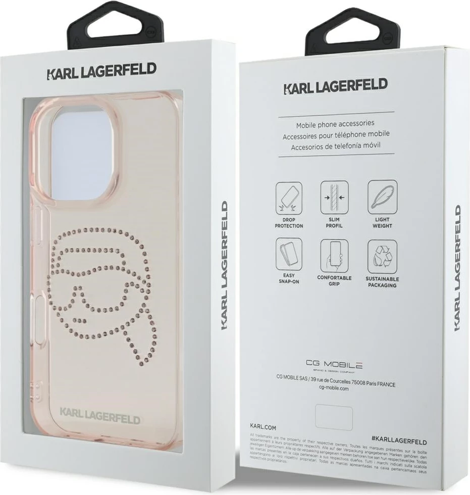 Mbështjellës Karl Lagerfeld IML Rhinestones Karl Head për iPhone 16 Pro, Rozë