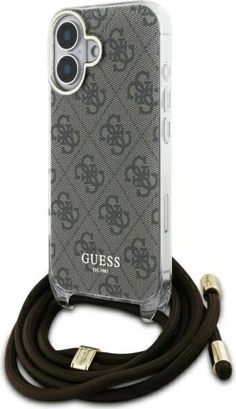 Mbështjellës Guess Crossbody Cord 4G Print për iPhone 16, Kafe