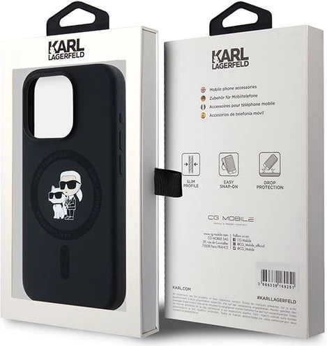 Mbështjellës Karl Lagerfeld Silicone Karl & Choupette MagSafe për iPhone 15 Pro, i zi