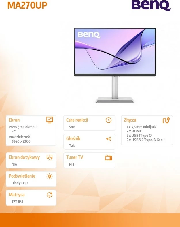 Monitor BenQ MA270UP 27" 4K IPS 60Hz 5ms, USB‑C 90W, 2x HDMI, altoparlantë, VESA 100x100, e zezë