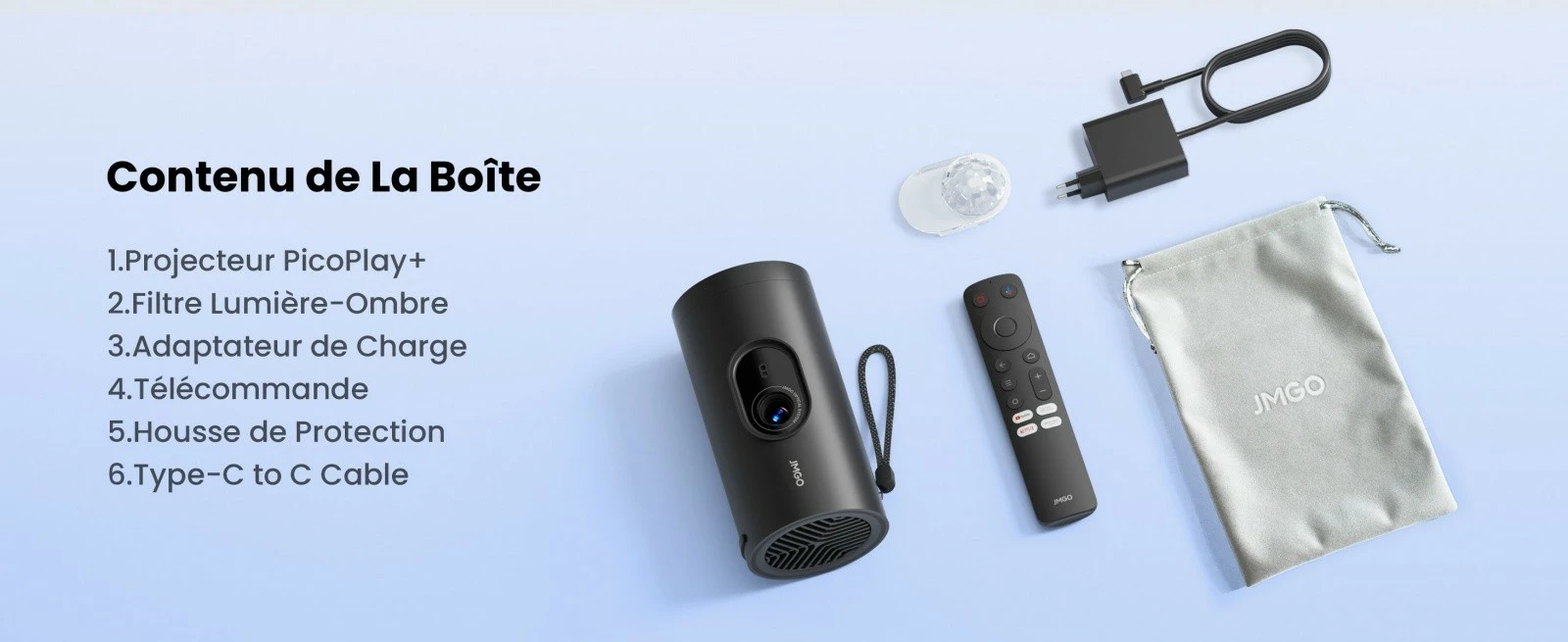 Projektor portabël, JMGO PicoPlay+ Pack J61-7K4 URJMG, 1080p FHD 450 ISO lm, Google TV, Wi‑Fi/Bluetooth, HDMI/USB‑C, altoparlant 8W, antracit, set me tripod dhe power bank 20,000mAh