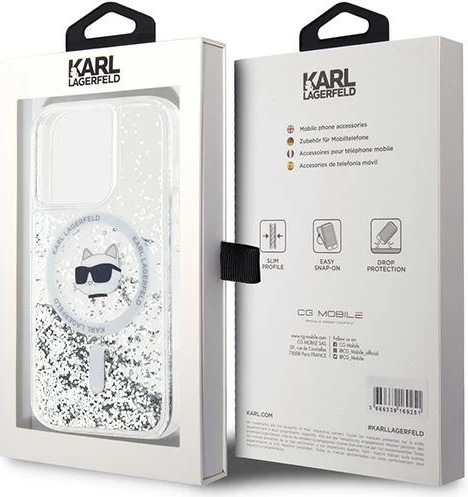 Mbështjellës Karl Lagerfeld Liquid Glitter Choupette Head MagSafe për iPhone 15 Pro, Transparent