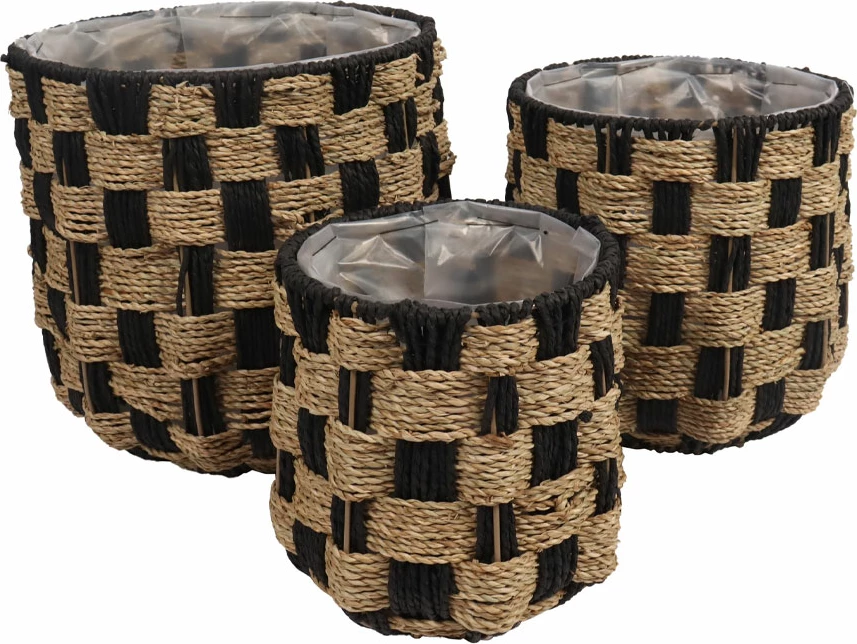 Set shporta SULIEN 3 copë, kashtë deti, litar letre, natyrale/zi, 34x34x31cm