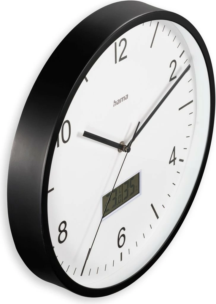 Orë muri, Hama, 185887, 30 cm, radio-kontroll DCF, mekanizëm i qetë, higrometër/termometër, xham, AA, e zezë/e bardhë