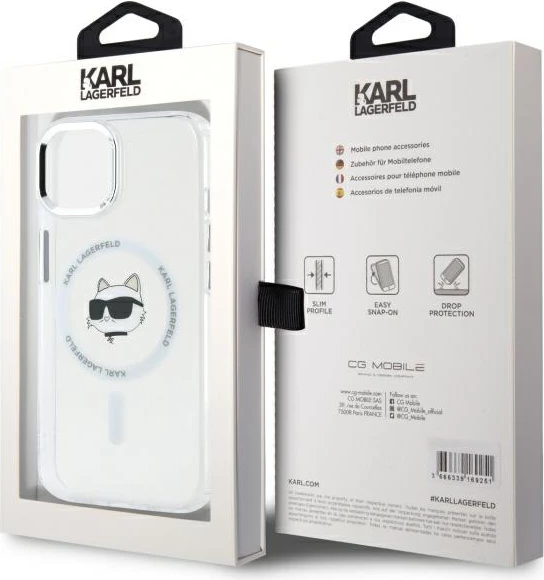 Mbështjellës Karl Lagerfeld IML Metal Choupette Head MagSafe për iPhone 15 Plus, Bardhë