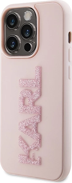 Mbështjellës Karl Lagerfeld 3D Rubber Glitter Logo për iPhone 15 Pro Max, rozë