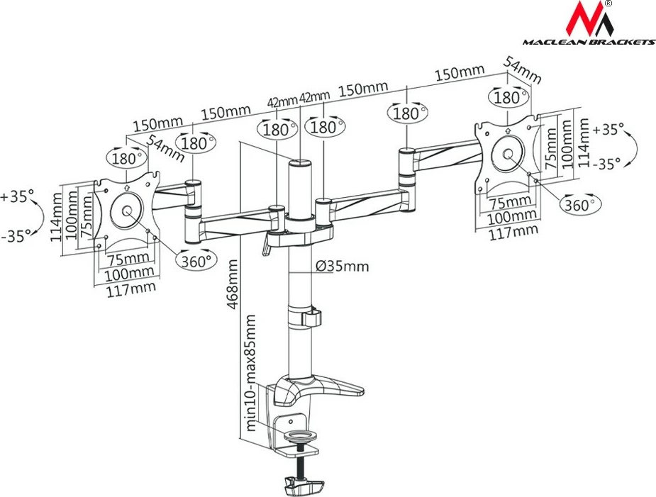 Mbajtës tavoline për dy monitorë Maclean MC-714, 13-27", alumin, zi/argjendtë
